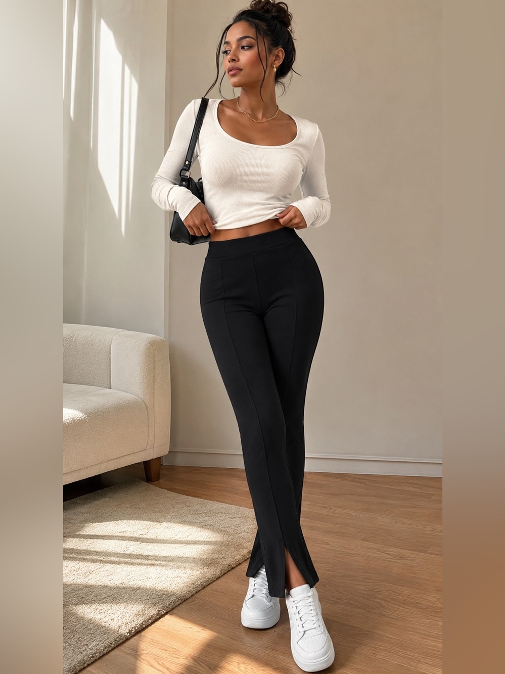 SO Black Slim Fit Stretch Leggings with front slit at the hem